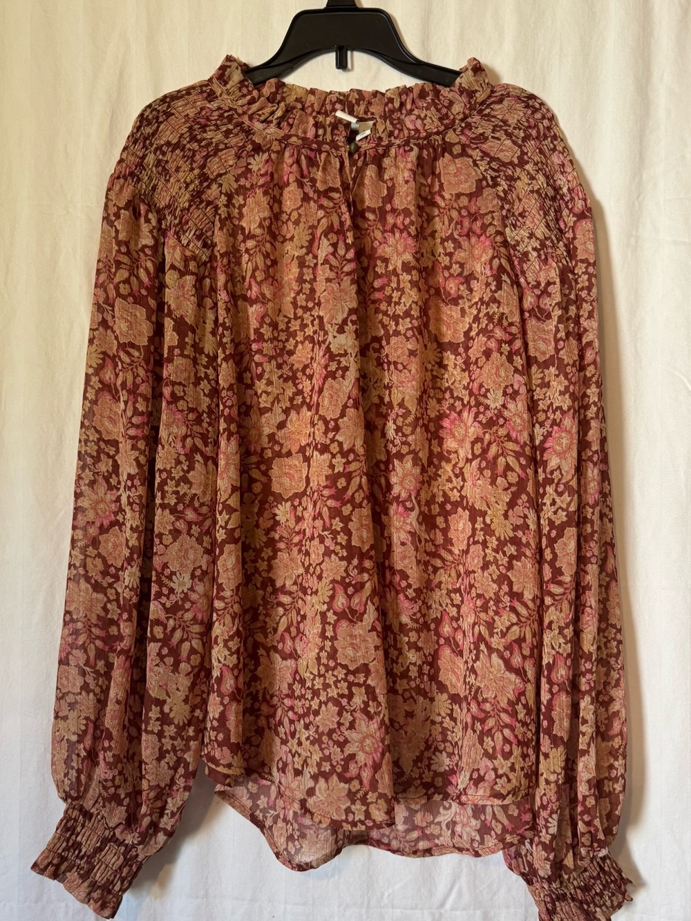 Joie Burgundy Pink Floral Lurex Smocked Blouse Size Large